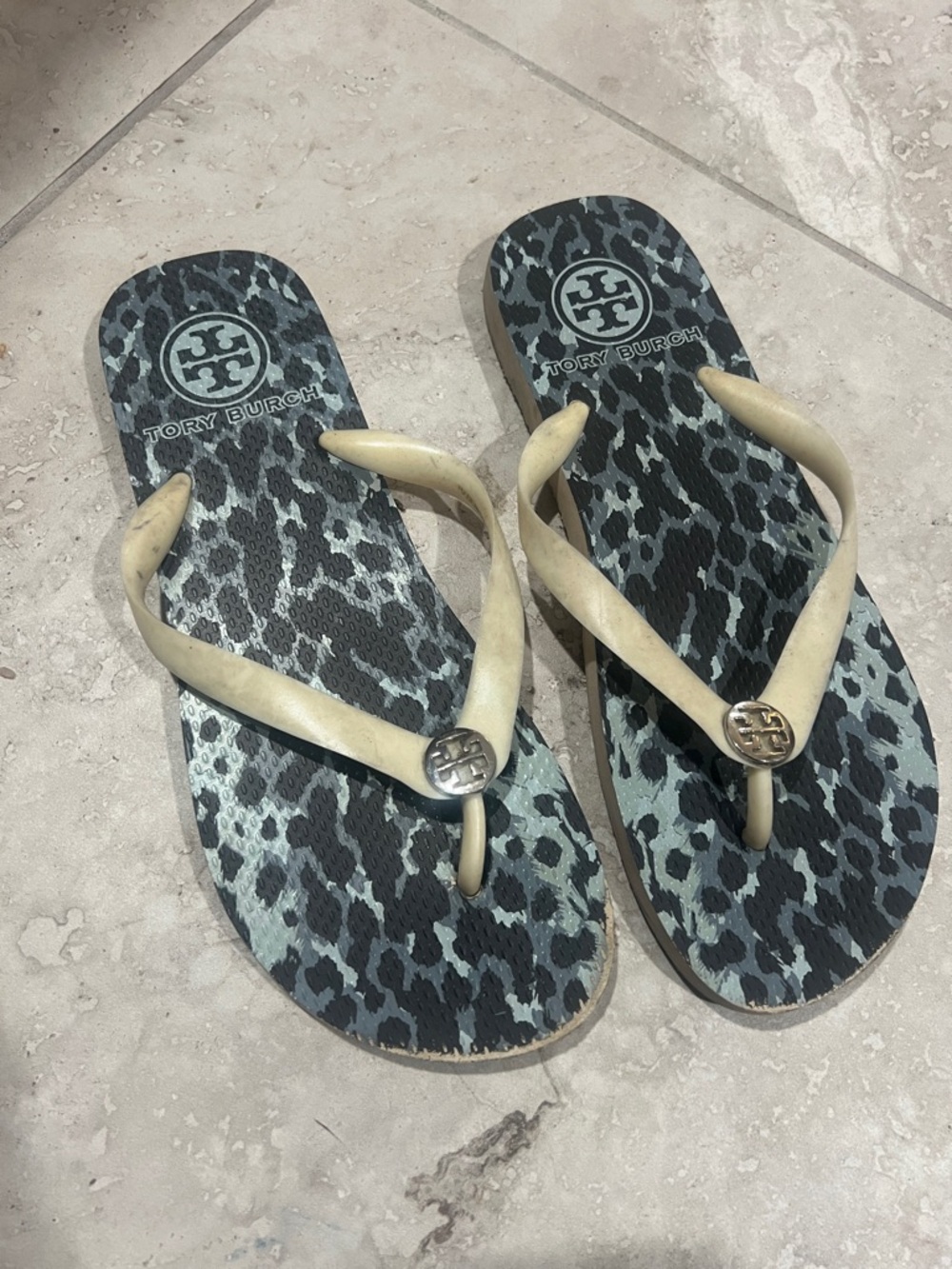 Tory Burch Leopard-Print Flip Flops in Black and Cream